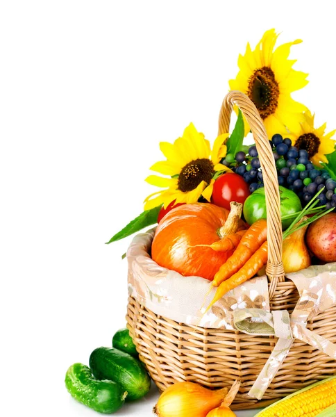 Autumnal Harvest Vegetable Fruit Basket Isolated White Background — Stock Photo, Image