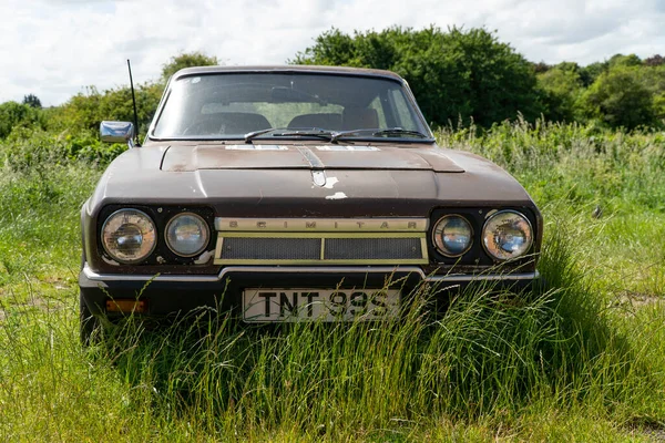 Abandonado Clássico Carro Scimitar Britânico Grama Longa — Fotografia de Stock