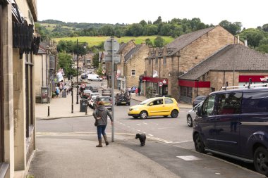 Matlock Town, Derbyshire, İngiltere 'de köpeği olan bir kadın.