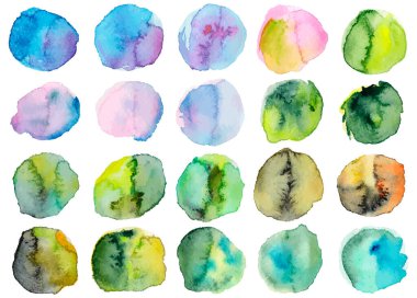 Mavi, yeşil, suluboya el boyaları yuvarlak şekiller, lekeler, beyaza izole edilmiş daireler. Sanatsal tasarım için illüstrasyon. Vektör illüstrasyonu.