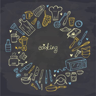 Karalama mutfak aletlerinin çerçevesi tahtada. Vektör çizimi. Duvar kağıdı, desen dolguları, tekstil, web sayfası arka planı, yüzey dokuları için mükemmel.