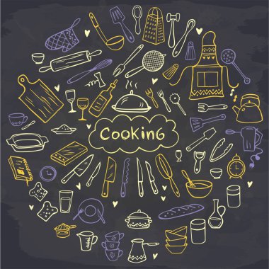 Tahtaya karalama mutfak aletleri. Mutfak malzemesi. Vektör çizimi. Duvar kağıdı, şablon dolguları, tekstil, web sayfası arka planı, yüzey dokuları için kullanılabilir.