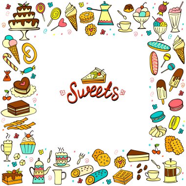 Renkli karalama şekerlerinden çerçeve beyaz arka planda yiyecekler. Vektör çizimi. Kekler, bisküviler, pişirme, kurabiye, çörek, dondurma, kurabiye, kahve. Tatlı menüsü ya da tasarım için mükemmel.