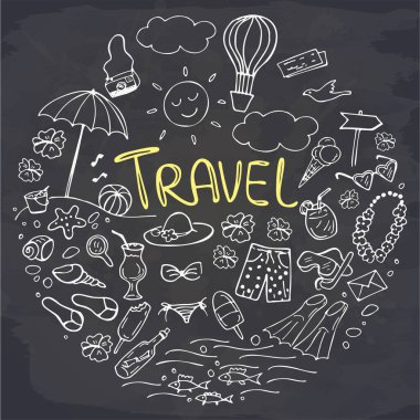 Tahtaya bir dizi karalama. Seyahat ve tatil amblemleri ve sembolleri. Vektör illüstrasyonu.