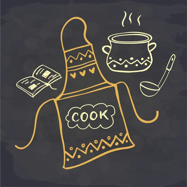 Cartel Cocina Póster Con Utensilios Cocina Delantal Libro Recetas Dibujado — Vector de stock