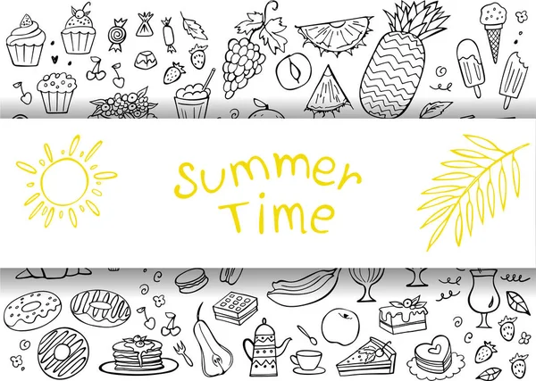 Conjunto Doces Doodle Comida Frutas Verão Branco Hora Verão Ilustração —  Vetores de Stock