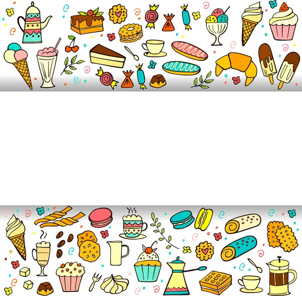 Moldura Doces Coloridos Doodle Comida Fundo Branco Ilustração Vetorial Bolos — Vetor de Stock