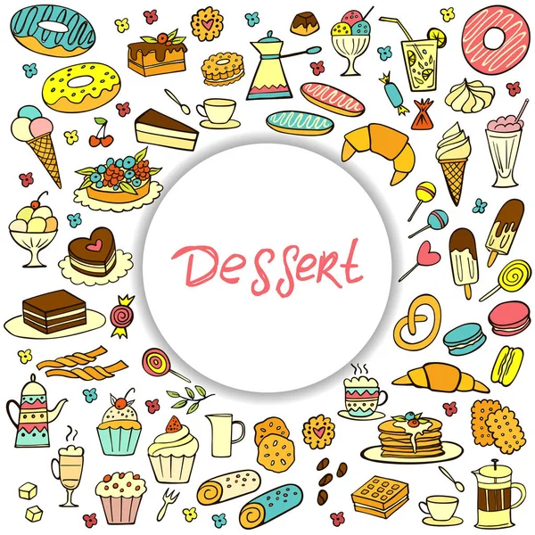 Set Van Kleurrijke Doodle Snoepjes Eten Wit Vector Illustratie Taarten — Stockvector