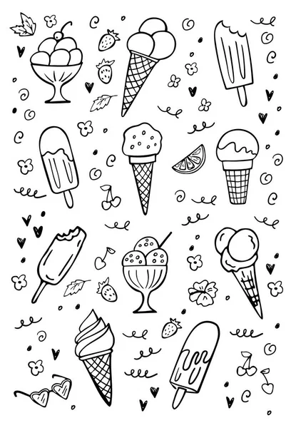 Conjunto Sorvete Doodle Branco Ilustração Vetorial Perfeito Para Menu Sobremesa — Vetor de Stock