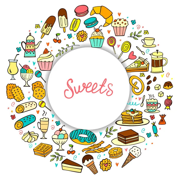 Frame Colorful Doodle Sweets Food White Background Vector Cakes Biscuits — Stock Vector