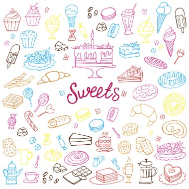 Renkli karalamalar beyaz üzerine tatlılar. Vektör çizimi. Kekler, bisküviler, pişirme, kurabiye, hamur işleri, çörek, dondurma, kurabiye, kahve. Tatlı menüsü ya da yemek paketi tasarımı için mükemmel.