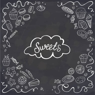 Tahtaya tatlı yemek çerçevesi karala. Vektör çizimi. Kekler, bisküviler, pişirme, kurabiye, hamur işleri, çörek, dondurma, kurabiye. Tatlı menüsü ya da yemek paketi tasarımı için mükemmel.