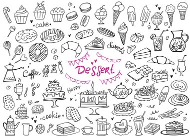 Beyaz üzerine karalama tatlısı seti. Vektör çizimi. Kekler, bisküviler, pişirme, kurabiye, hamur işleri, çörek, dondurma, kurabiye, kahve. Tatlı menüsü ya da yemek paketi tasarımı için mükemmel.