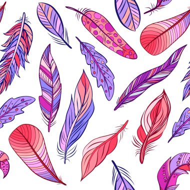Beyazda izole edilmiş renksiz kuş tüylerinin kusursuz deseni. Vektör. Kartlar, biletler, tebrikler, markalaşma, tekstil baskısı için yaratıcı bohem kavramı.