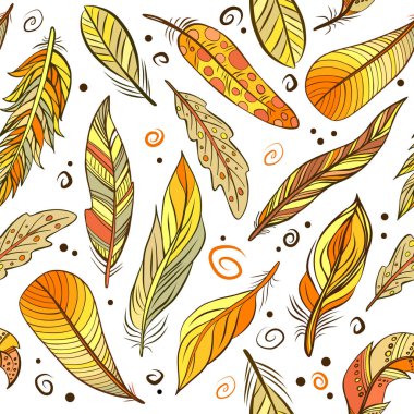 Beyazda izole edilmiş renksiz kuş tüylerinin kusursuz deseni. Vektör. Kartlar, biletler, tebrikler, markalaşma, tekstil baskısı için yaratıcı bohem kavramı.