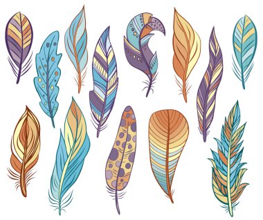 Beyazın üzerinde izole edilmiş renkli kuş tüyleri. Vektör. Düğün davetiyeleri, kartlar, biletler, tebrikler, markalaşma, logo etiketi, amblem için yaratıcı bohem konsepti.