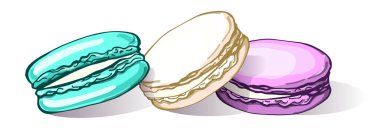 Kurabiye seti. Beyaz arka planda izole edilmiş farklı tat ve renkte badem kurabiyeleri. Vektör çizimi. Tebrik kartı, kartpostal, baskı, moda tasarımı, menü için şablon.