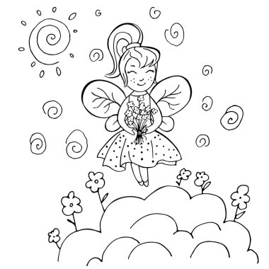 Renklendirme sayfası için çizilmiş bir buket çiçekli küçük peri. Şirin bir kızın vektör çizimi. Yazdır