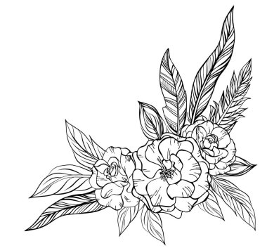 Beyaz üzerine el çizimi gül buketi ve etnik tüyler. Düğün, davet, tarih ve tebrik kartları için karalama tasarımı ögesi.