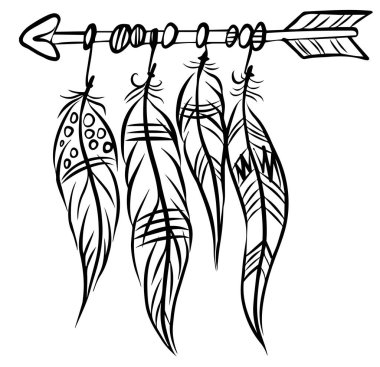 Etnik oklar, beyaz tüyler. Boho tarzı. Vektör illüstrasyonu.