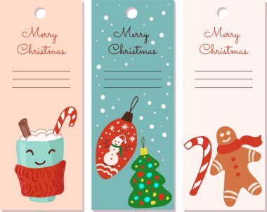 İçinde bir fincan sıcak içecek, noel balosu, zencefilli adam ve lolipop olan Noel etiketleri. Vektör çizimi. El çizimi biçimi.