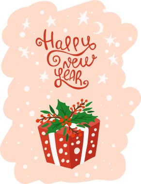 Noel hediyesi kutusu. El çizimi stili. Vektör çizimi. Mutlu noeller. Mutlu Yıllar Diliyoruz.