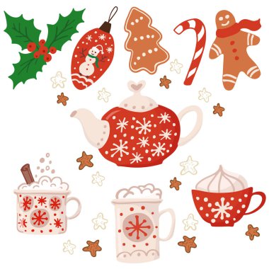 Tatil Koleksiyonu. Zencefilli Noel kurabiyesi. Ay, insan, top, ev, ağaçlar, çaydanlık. Mutlu noeller. - Mutlu yıllar. Tebrik kartı şablonu, mesaj için yeri olan kartpostal. Vektör illüstrasyonu.