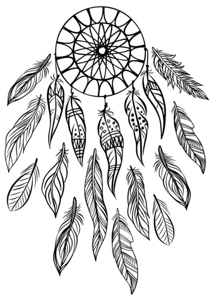 Atrapasueños Plumas Aisladas Blanco Ilustración Vectorial Diseño Étnico Boho Símbolo — Vector de stock