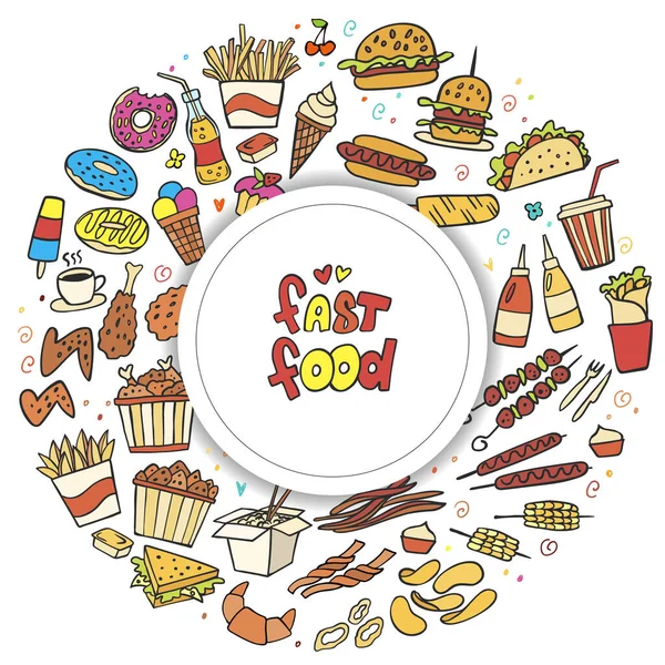 Set Van Kleurrijke Fast Food Doodle Witte Achtergrond Vector Burger — Stockvector
