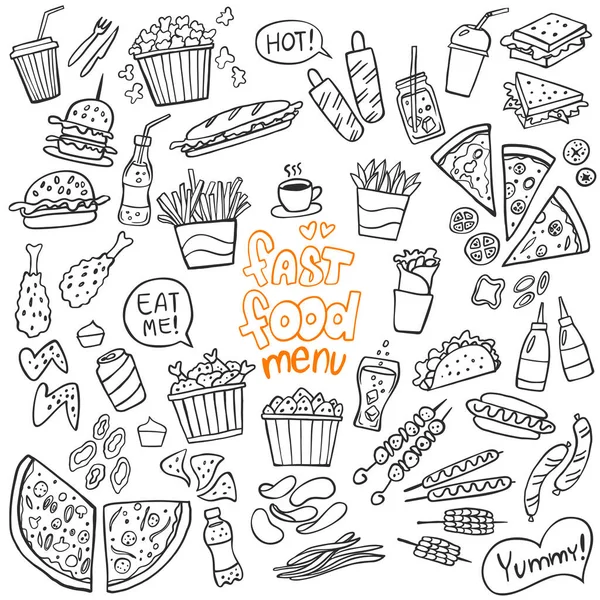 Een Set Fastfood Doodles Wit Vector Illustratie Perfect Voor Menu — Stockvector