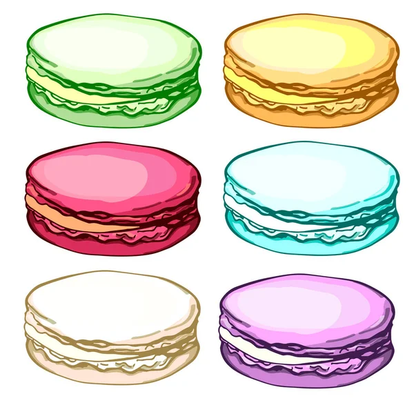 Set Macaroon Almond Cookies Different Taste Colour Isolated White Background — Stock Vector