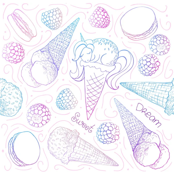 Unicorn Ice Cream Cone Seamless Pattern Hand Drawn Vector Illustration — Stock Vector