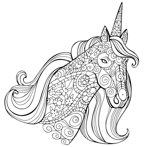 Zentangle Stylized Cartoon Unicorn Isolated White Background Perfect Adult Antistress — Stock Vector