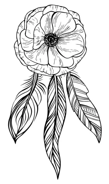 手工画的海葵和被白色隔离的民族羽毛 婚礼的涂鸦设计元素 邀请函 保存日期 — 图库矢量图片