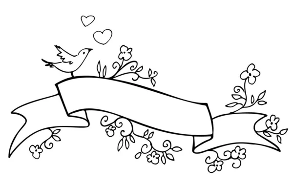 手绘花带和鸟与文字隔离在白色的空间 婚礼的涂鸦设计元素 邀请函 保存日期 — 图库矢量图片