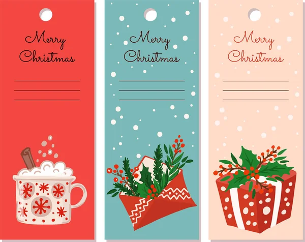 Ensemble Étiquettes Noël Avec Tasse Boisson Chaude Enveloppe Noël Boîte — Image vectorielle