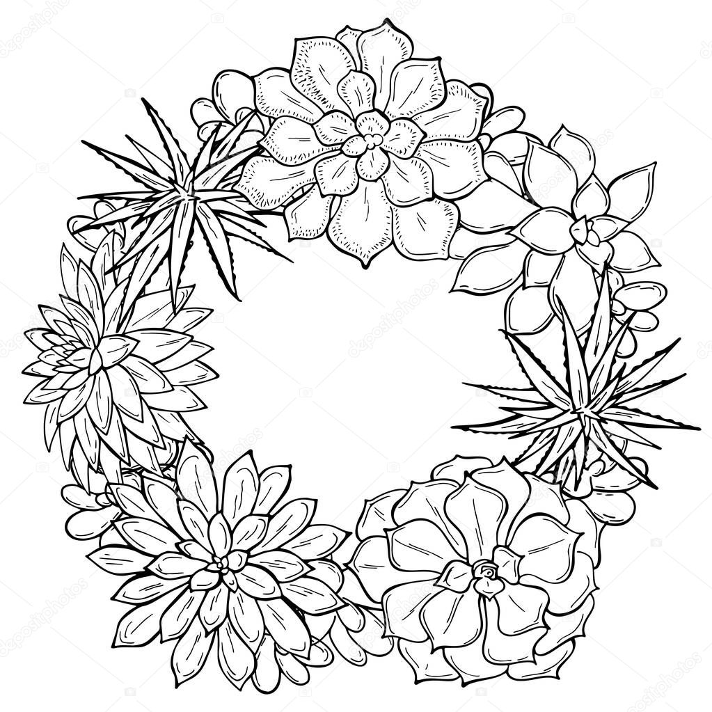 Hand drawn frame of succulents on a white background. Flowers in the desert. Vector illustration. Perfect for coloring book, invitation,greeting card, print.