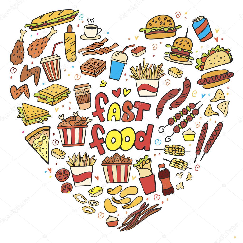 Colorful fast food doodle on white background. Vector. Burger, snacks, hamburger, fries, hot dog, tacos, coffee, sandwich, ice cream. Perfect for menu design. Heart composition.