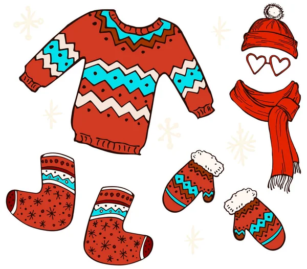컬렉션 크리스마스 크리스마스 스웨터 벙어리장갑 스카프 부츠를 느꼈습니다 새해였지 크리스마스 — 스톡 벡터