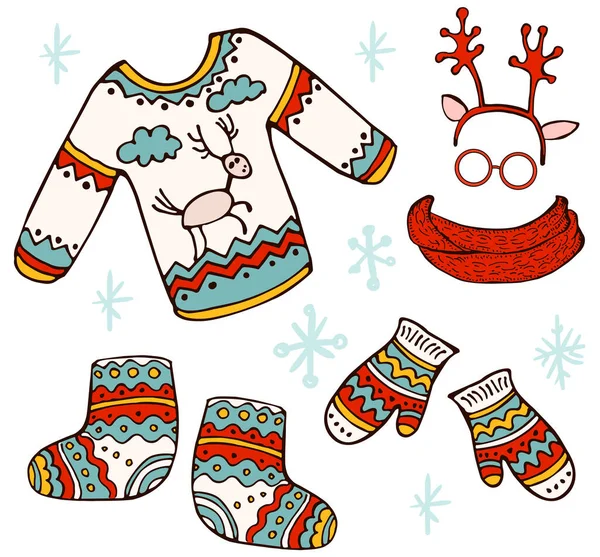 컬렉션 크리스마스 벙어리장갑 스카프 부츠를 크리스마스 스웨터 새해였지 크리스마스 인사장 — 스톡 벡터