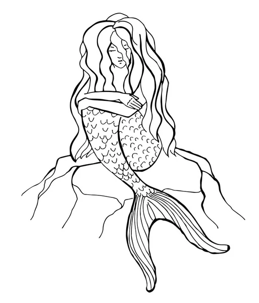 Handgezeichnete Meerjungfrau Isoliert Auf Weißem Hintergrund Zurück Und Weiße Vektorabbildung — Stockvektor