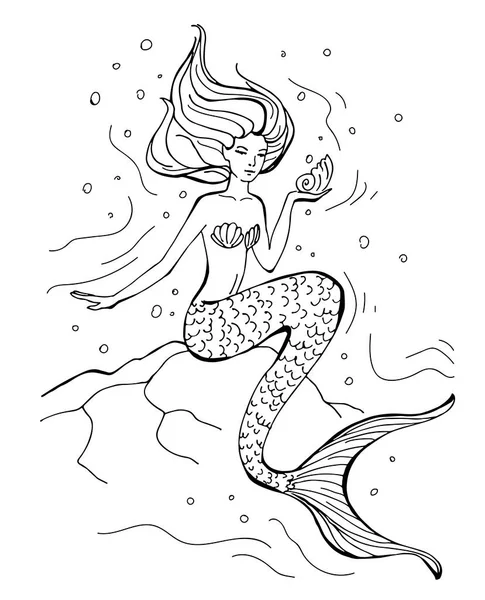 Handgezeichnete Meerjungfrau Isoliert Auf Weißem Hintergrund Zurück Und Weiße Vektorabbildung — Stockvektor