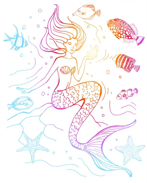 Handgezeichnete Meerjungfrau Isoliert Auf Weißem Hintergrund Vektorillustration Psychedelische Sirene Und — Stockvektor
