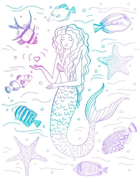 Handgezeichnete Meerjungfrau Isoliert Auf Weißem Hintergrund Vektorillustration Bunte Sirenen Seesterne — Stockvektor