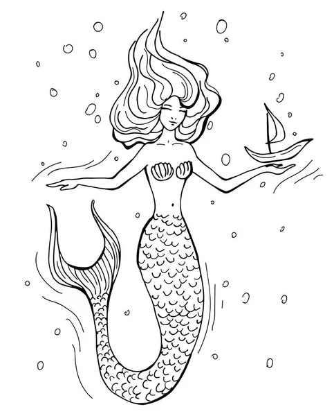 Hand Drawn Mermaid Isolated White Background Back White Vector Illustration — Stock Vector