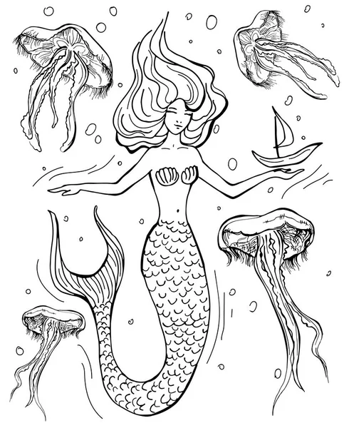 Handgezeichnete Meerjungfrau Und Quallen Isoliert Auf Weißem Hintergrund Zurück Und — Stockvektor