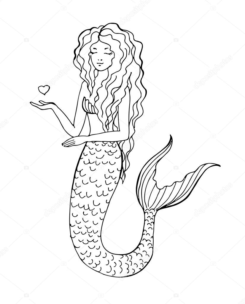 Hand drawn mermaid isolated on white background. Back and white vector illustration.