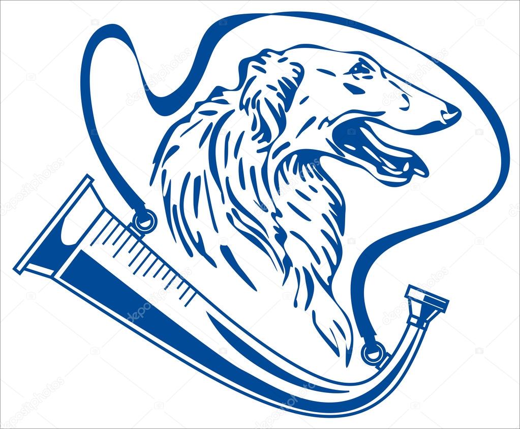 Profile of head Russian greyhound and hunting horn. Monochrome version.