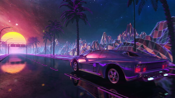 80s retro futuristic drive. Stylized sci-fi race in outrun style with night sky