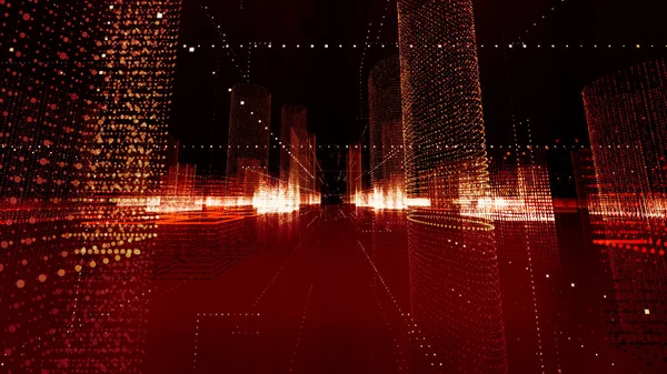 Φουτουριστικό matrix ολόγραμμα της πόλης. Ψηφιακό σχέδιο κτιρίων με σωματίδια — Φωτογραφία Αρχείου